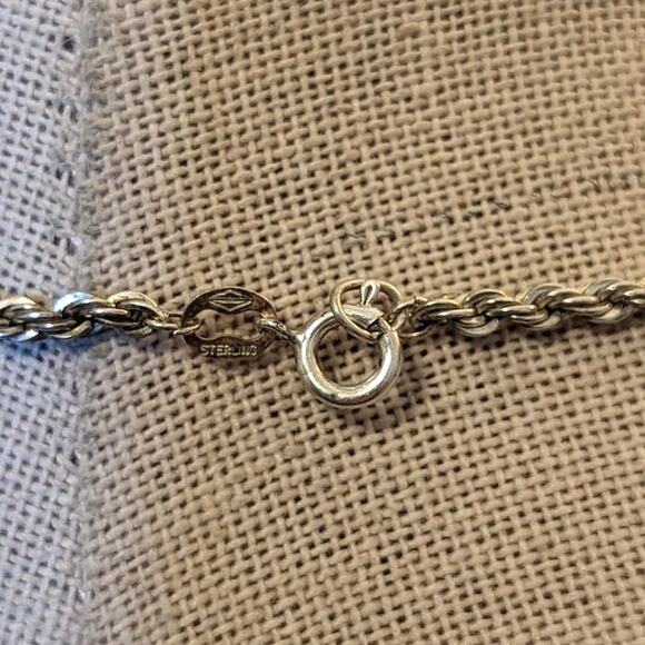 Blue Stone Bezel Set in Sterling Silver on Vintage Heavy Sterling Rope Chain - Picture 7 of 16